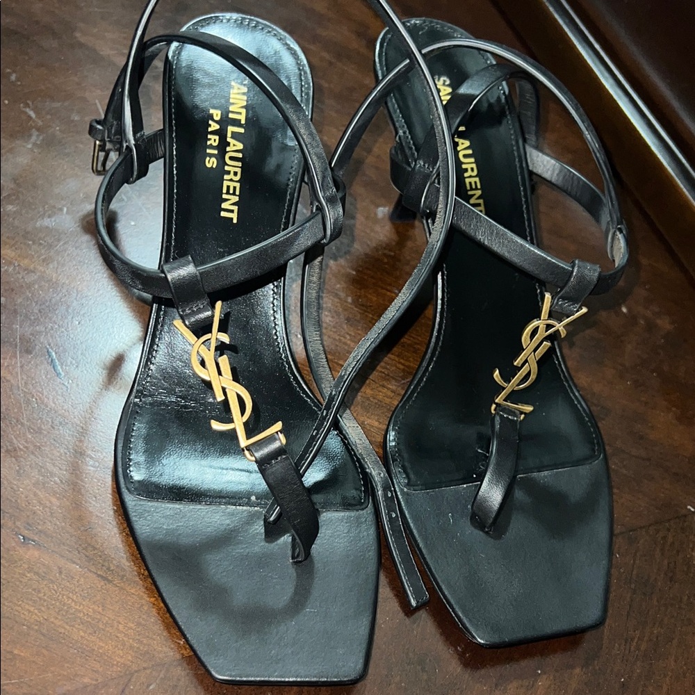 Saint Laurent Black Heeled Sandals with Gold Logo - Picture 6 of 6